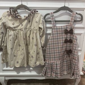 Floral Dress and Plaid Pinafore Set
